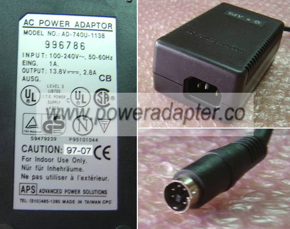 APS AD-74OU-1138 AC ADAPTER 13.8Vdc 2.8A new 6pin 9mm mini din