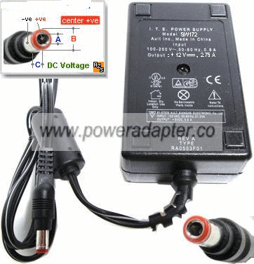 Ault SW172 AC ADAPTER 12V DC 2.75A -( )- 2.5x5.5mm 100-240Vac Us