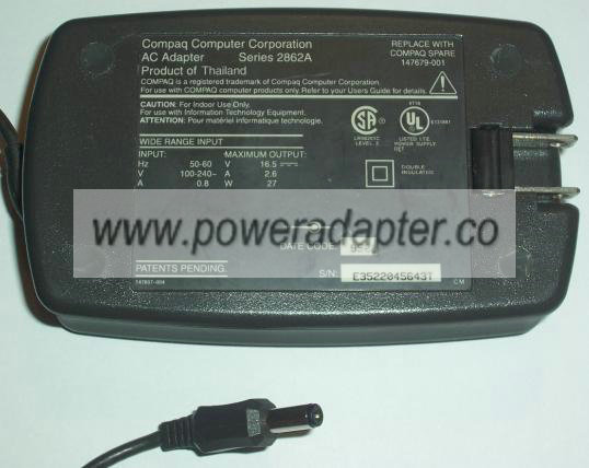 COMPAQ SERIES 2862A AC ADAPTER 16.5VDC 2.6A -( ) 2x5.5mm Used 10