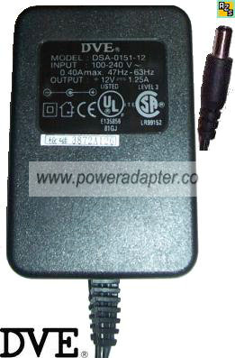 DVE DSA-0151-12 AC Adapter 12VDC 1.25A POWER SUPPLY