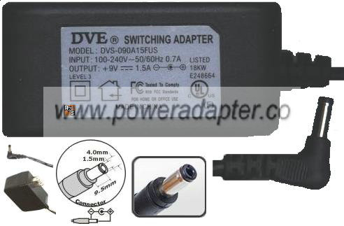 DVE DVS-090A15FUS AC ADAPTER 9VDC 1.5A 100-240V SWITCHING Power