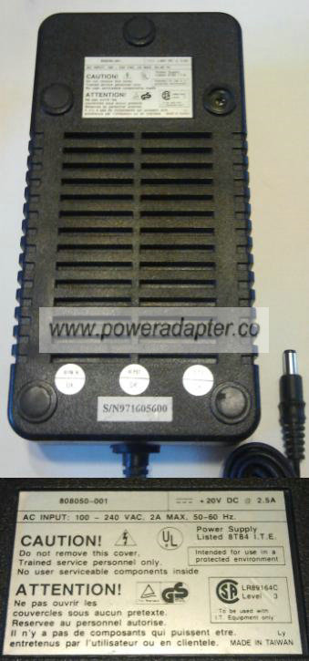 ELTRON 808050-001 AC ADAPTER 20VDC 2.5A 2.4 x 5.5 x 10.8mm