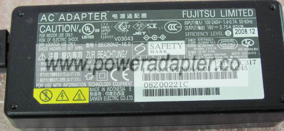 FUJITSU FMV-AC317 AC ADAPTER 16VDC 3.75A Used CP171180-01