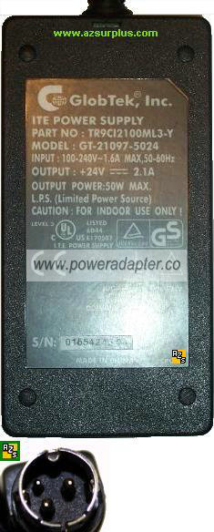 GLOBTEK GT-21097-5024 AC ADAPTER 24VDC 2.1A ITE POWER SUPPLY 3Pi