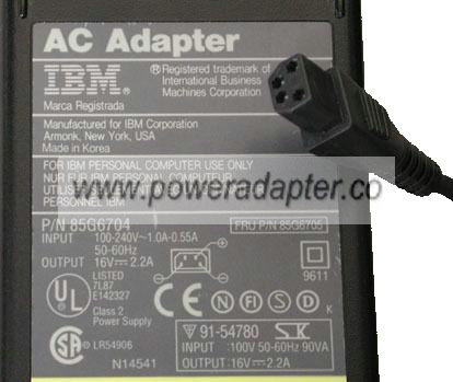 IBM 85G6704 AC ADAPTER 16V DC 2.2A POWER SUPPLY 4Pin 85G6705 for