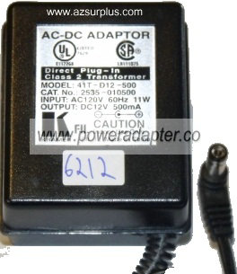 KRAMER 41T-D12-500 AC ADAPTER 12VDC 500MA NEW 2 x 5.5 x 10mm