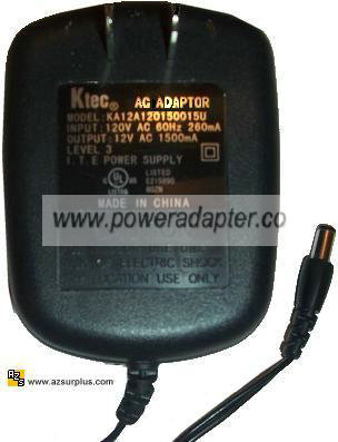 KTEC KA12A120150015U AC ADAPTER 12VAC 1500mA ~(~)~ 2x5.5mm Linea