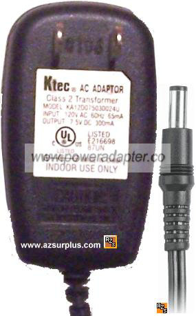 Ktec KA12D075030024U AC ADAPTER 7.5VDC 300mA -( )- 120vac 2x5.5m - Click Image to Close