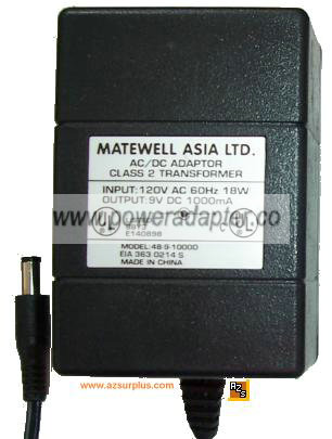 MATEWELL ASIA 48-9-1000D AC DC ADAPTER 9V 1A POWER SUPPLY