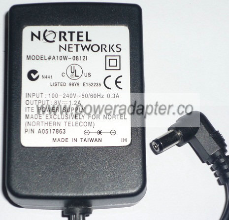 NORTEL A10W-0812I AC Adapter 8Vdc 1.2A -( ) 2x5.5mm 90 100