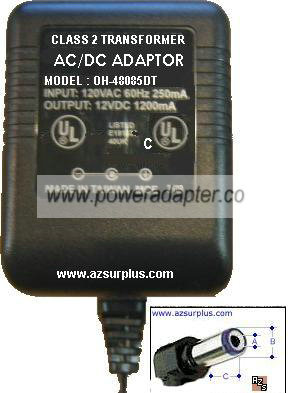 OH-48085DT AC Adapter 12VDC 1.2A Linear Power Supply Plug in Cla