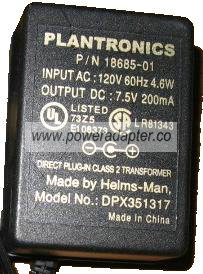 PLANTRONICS DPX351317 AC ADAPTER 7.5VDC 200mA 18685-01 POWER SU