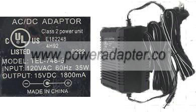 Remmington TEL-748-5 AC Adapter 15VDC 1800mA 1.8A Power supply A