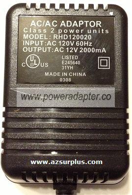 RHD120020 AC ADAPTER 12V AC 2000mA NEW 2.1 x 5.5 x 12.2mm