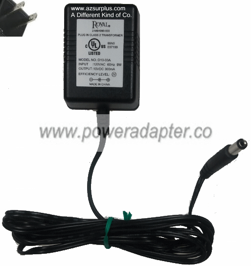 ROYAL D10-03A AC ADAPTER 10VDC 300mA Used 2.2 x 5.3 x 11 mm Stra