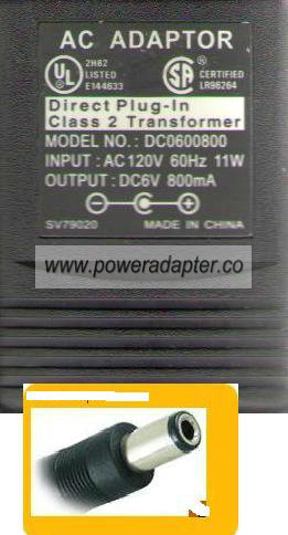SA DC0600800 AC ADAPTER DC6V 800mA DIRECT PLUG IN CLASS 2 TRANS