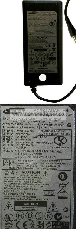 SAMSUNG SAD04214A-UV AC ADATPER 14VDC 3A ( )- 4.4x6mm 100-240vac
