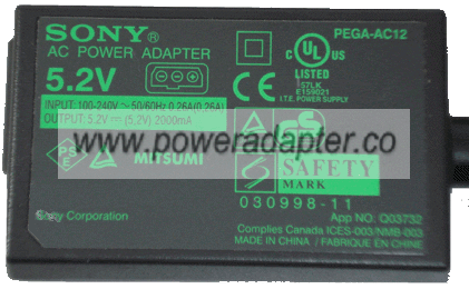 Sony CLIE PEGA-AC12 AC ADAPTER 5.2V DC 2A PDA POWER SUPPLY for P