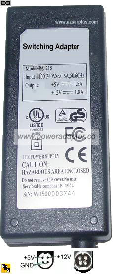 ITE Switching Adapter PA-215 5V 1.5A 12V 1.8A (: :) 4PIN WELLAND