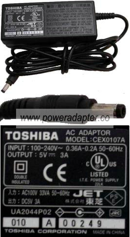 TOSHIBA CEX0107A AC ADAPTER 5Vdc 3A -( )- 1.7x4mm POWER SUPPLY 0