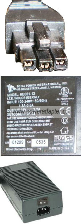 TOTAL POWER HES61-13 AC ADAPTER 24VDC 2.2A NEW 3-PIN CONNECTOR