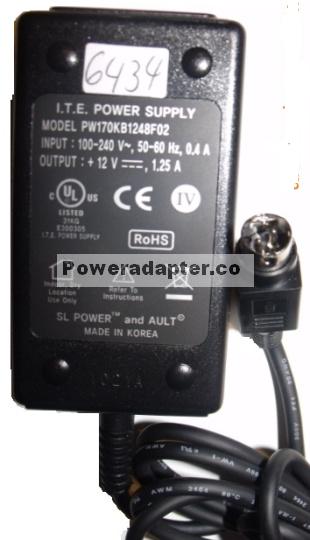 AULT PW170KB1248F02 AC ADAPTER 12V 1.25A Used 3 Pin Din Connect