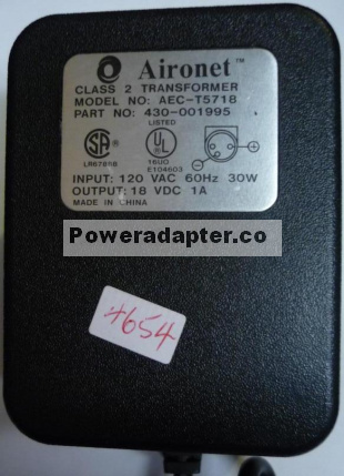 Aironet AEC-T5718 AC Adapter 18VDC 1A 30W Transformer Powersupp