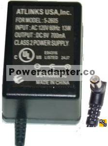 Atlinks USA 5-2605 AC Adapter DU41090070C 9V 700mA Used Power su