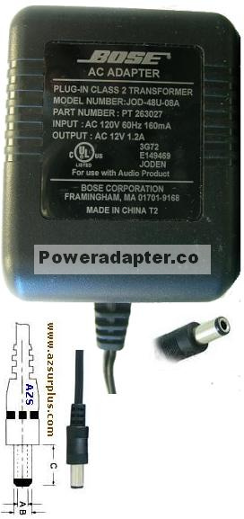 BOSE JOD-48U-08A AC ADAPTER 12VAC 1.2A PT 263027 Power Supply