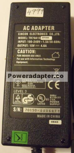 Cincon TR70A15205A65 AC ADAPTER 15VDC 4.6A 6Pin JET2850-61010-20