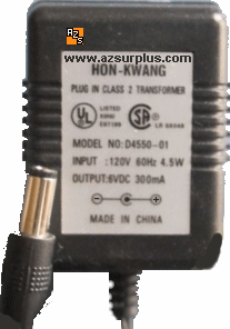 HON-KWANG D4550-01 AC ADAPTER 6VDC 300mA CLASS 2 TRANSFORMER