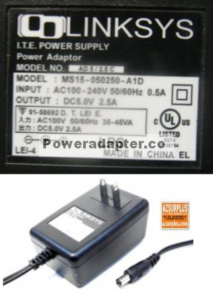 LINKSYS MS15-050250-A1D AC ADAPTER 5V 2.5A PLUG IN POWER SUPPLY