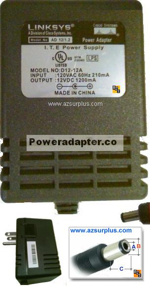 Linksys D12-12A AC ADapter 12Vdc 1200mA AD 12/1.2 NEW ITE Power