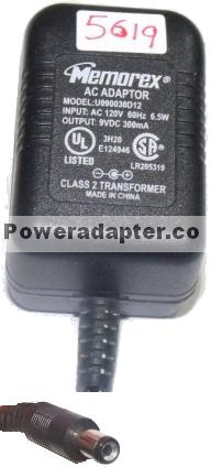 MEMOREX U090030D1201 AC ADAPTER 9VDC 300mA 6.5W E124946 POWER SU