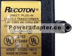RECOTON HA35U-18015 AC ADAPTER 18V DC 150mA POWER SUPPLY Speaker