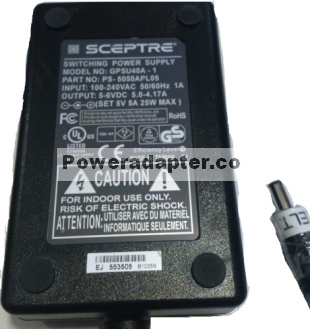 SCEPTRE GPSU40A-1 AC ADAPTER 5VDC 5A 25W NEW 2X5.5mm -( )- 100- - Click Image to Close