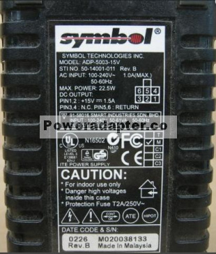 SYMBOL ADP-5003-15V AC ADAPTER 15VDC 1.5A 6Pin Molex ITE POWER S