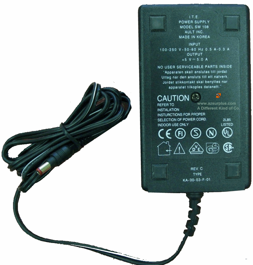 AULT SW108 AC ADAPTER 5VDC 5A -( ) 2.5x5.5mm NEW KA0003F01 ITE