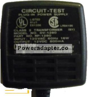 Circuit-Test DV-1280 AC ADAPTER 12V DC 1A RP-1280 CLASS 2 Transf - Click Image to Close