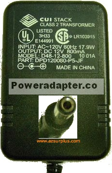 CUI D48-12-800 AC ADAPTER 12VDC 800mA 19W LINEAR POWER SUPPLY Ma