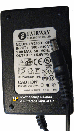 Fairway VE10B-050 AC Adapter 5VDC 2A -( ) Used 2x5.5mm 100-240va