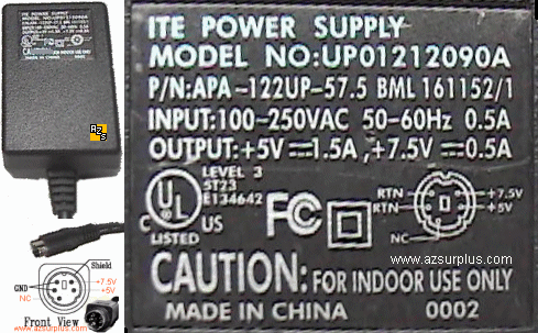 ITE UP01212090A AC Adapter 5VDC 1.5A 7.5Vdc 0.5A 5Pin Used POWER