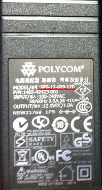 Polycom SPS-12-009-120 AC ADAPTER 12VDC 1A 1465-42423-001 POWER