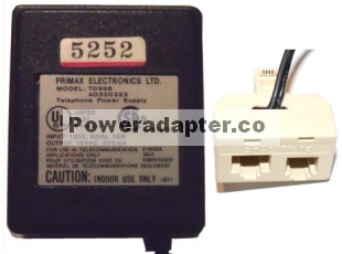 PRIMAX TO998 AO320323 AC ADAPTER 16V 300mA POWER SUPPLY FOR TELE