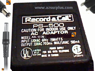 Record a Call AA-1370 AC ADAPTER 13VAC 700mA 2x5.5mm ~(~)~ 15W N