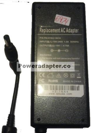 REPLACEMENT PA3516U-1ACA AC ADAPTER 19VDC 4.7A Used 2.5 x 5.4 x