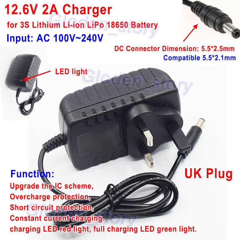 UK 3 Pin plug 12.6V 2A charger adapter for Lithium Ion Battery Li-ion LiPo 3S Type: Plug Adapter & Converter Combo Vo