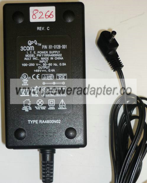 3COM AULT PW118RA4800N02 AC ADAPTER 48VDC 0.4A USED +(-) 0.7x3.5