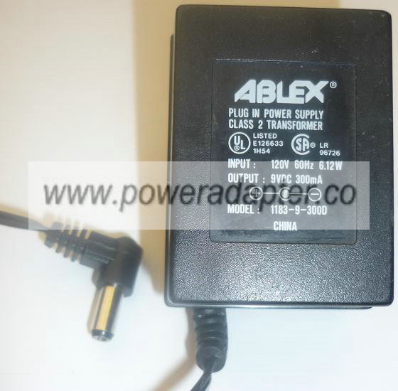 Ablex 1183-9-3000 AC ADAPTER 9VDC 300mA +(-) 2x5.5x12.1mm r