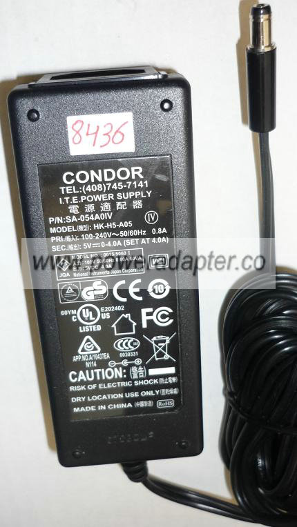 CONDOR HK-H5-A05 AC ADAPTER 5VDC 4A USED -(+) 2x5.5mm ROUND BARR